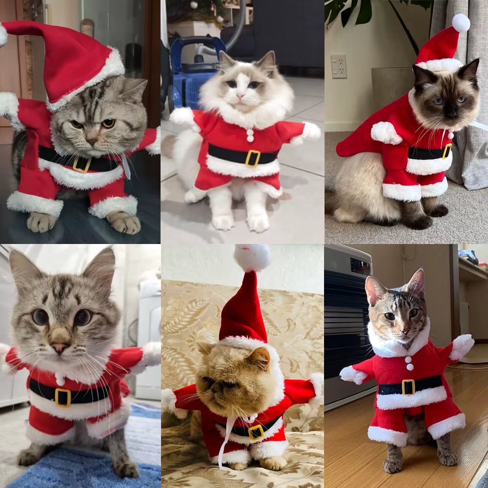 Christmas Cat Costumes New Year Pet Dog Clothing Funny Santa Claus Clothes for Small Puppy Kitten Winter Warm Soft Kitty Outfits