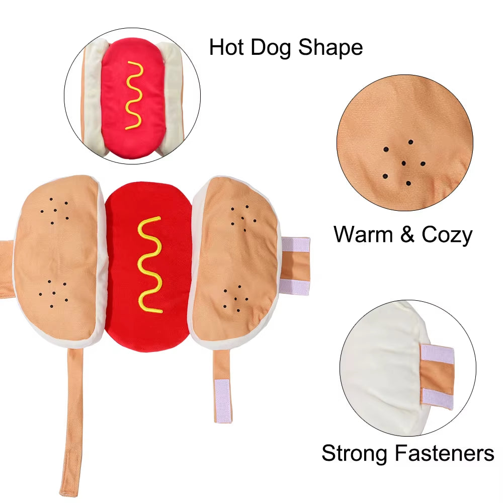 Cute Pet Dog Cosplay Costume Halloween Funny Hot Dog Shape Adjustable Puppy Clothes for Small Medium Dogs Cats Chihuahua Bulldog