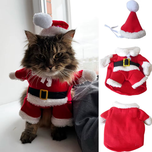 Christmas Cat Costumes New Year Pet Dog Clothing Funny Santa Claus Clothes for Small Puppy Kitten Winter Warm Soft Kitty Outfits